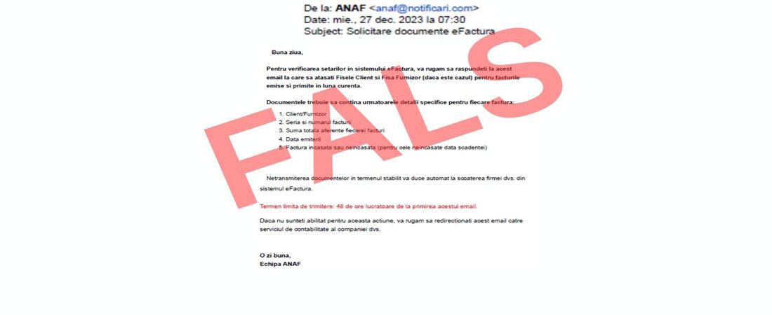 ANAF avertizează cu privire la o campanie de mesaje false referitoare la RO e-Factura, transmise în numele instituţiei