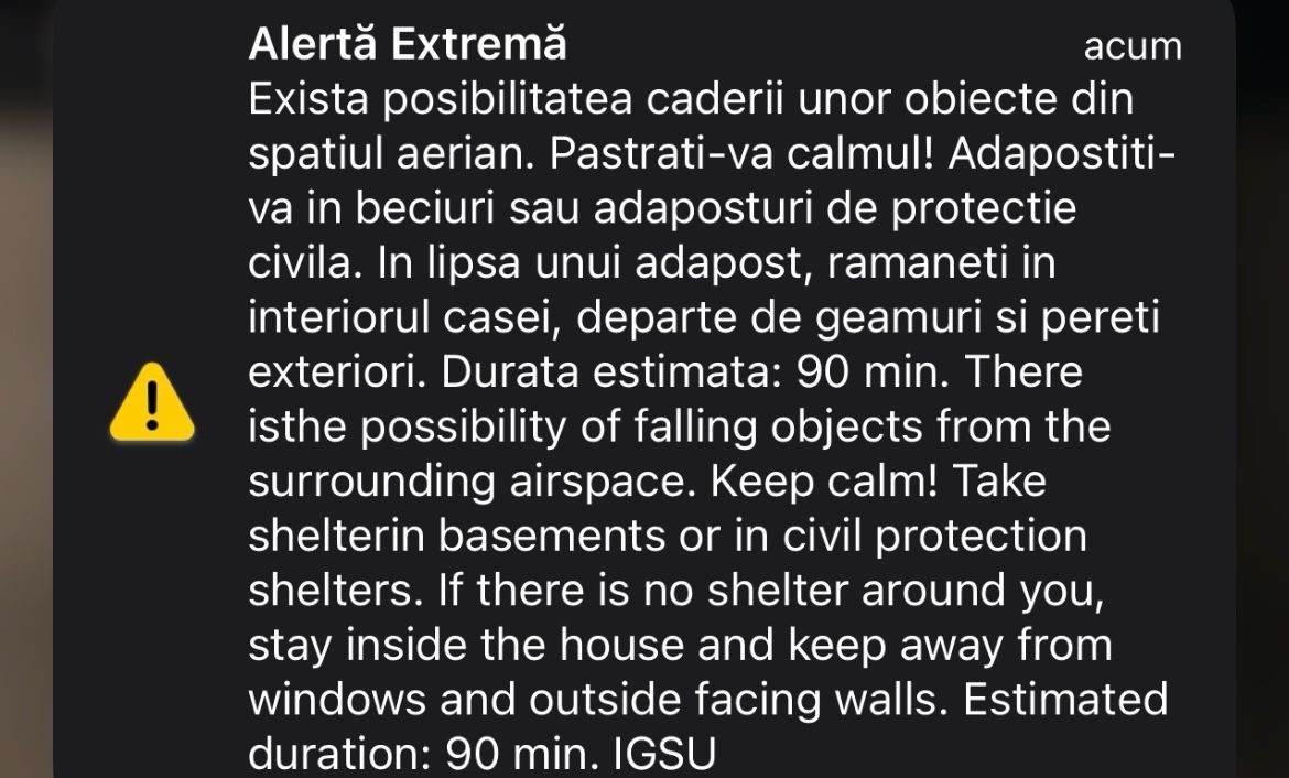 TULCEA: Mesaj RO-ALERT despre posibilitatea căderii unor obiecte din spațiul aerian, la granița cu Ucraina