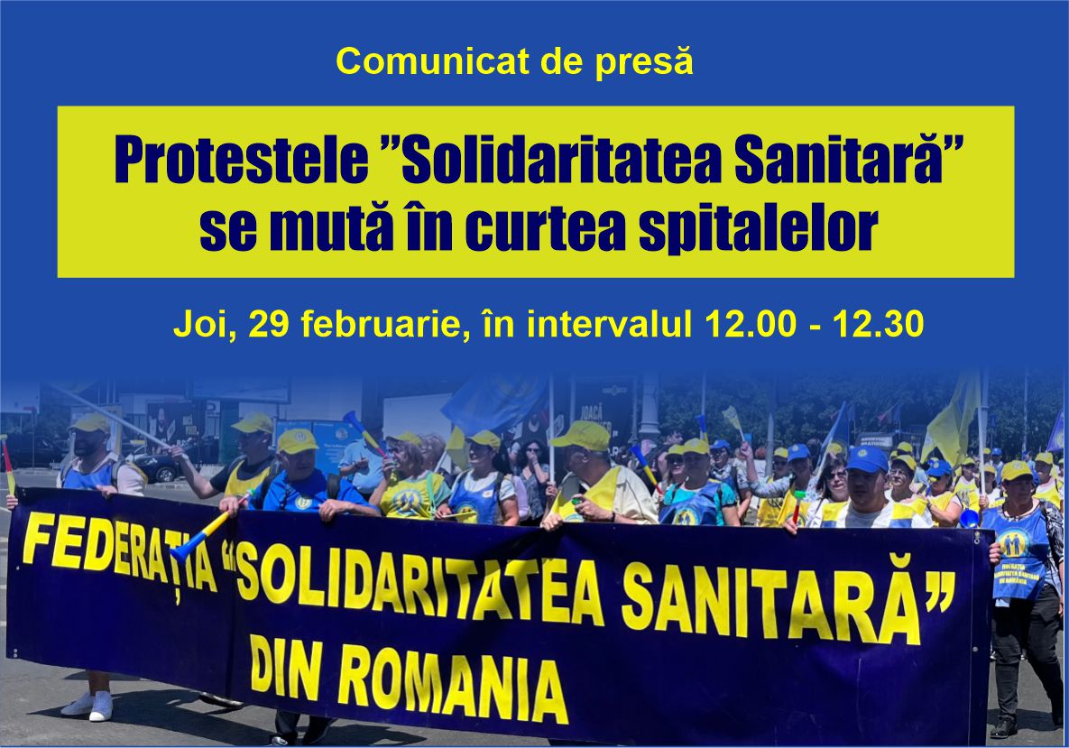 Federaţia Solidaritatea Sanitară anunţă pichetarea spitalelor, joi, în intervalul 12,00 – 12,30