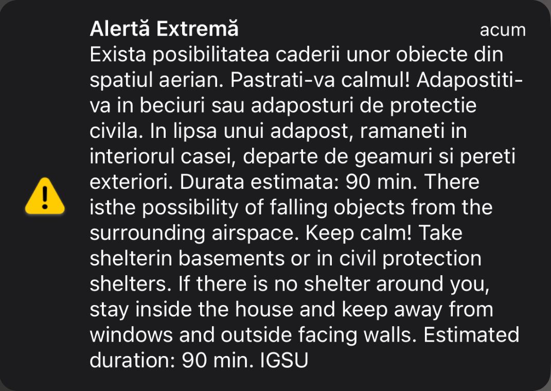 TULCEA: Mesaje RO-ALERT – populaţia a fost avertizată de posibilitatea căderii unor obiecte din spaţiul aerian