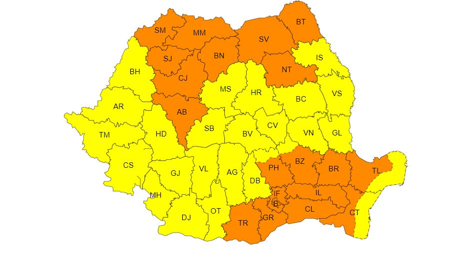 CONSTANȚA/TULCEA: Avertizări ANM de coduri galbene și portocalii