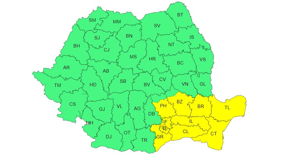 CONSTANȚA și TULCEA sub avertizare de cod galben
