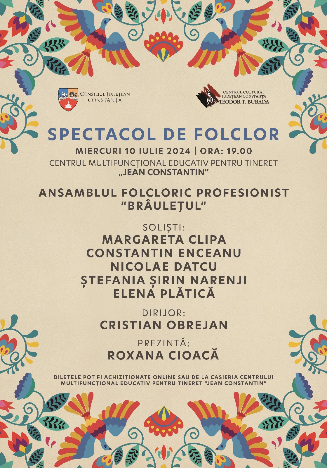 Regal folcloric susținut de Ansamblul Folcloric Profesionist „Brâulețul”, la Centrul Multifuncțional Educativ pentru Tineret „Jean Constantin”