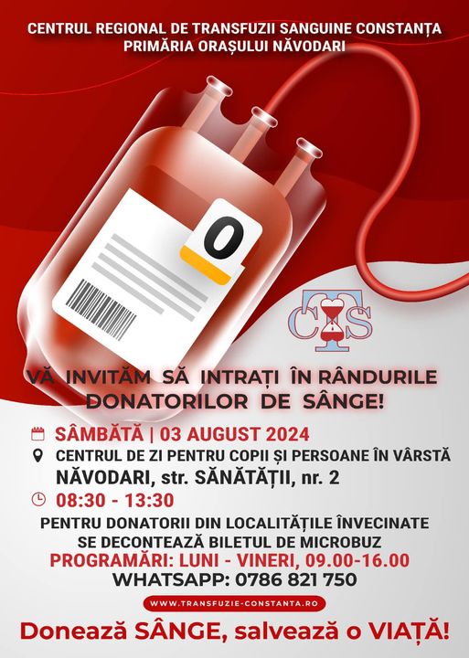 NĂVODARI: Acțiune de donare de sânge, organizată sâmbătă, 3 august