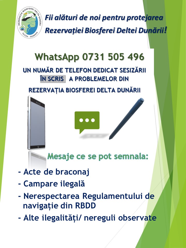 TULCEA: Număr de WhatsApp pentru semnalarea neregulilor din Delta Dunării