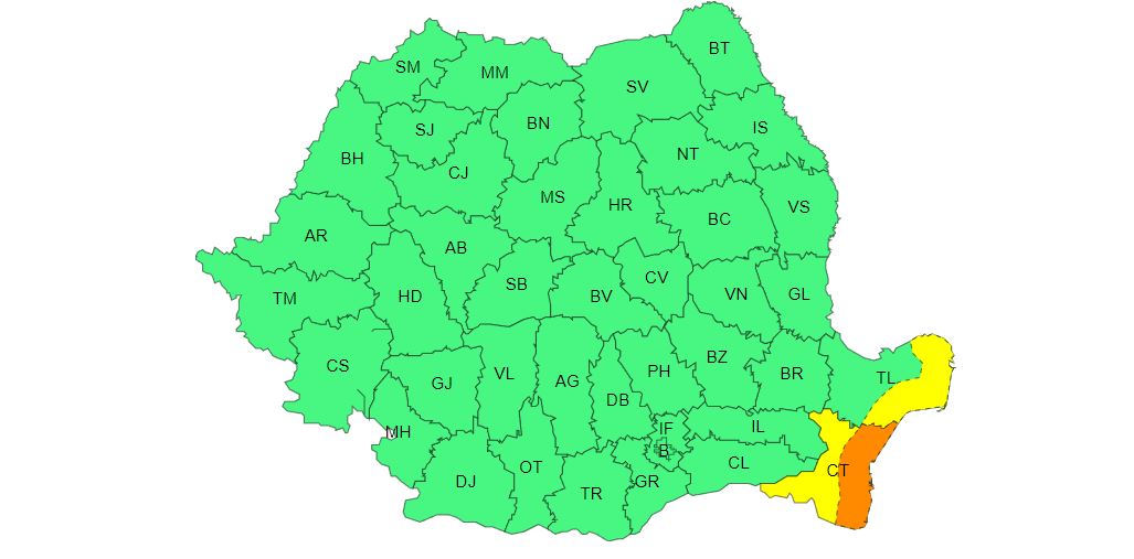 TULCEA/CONSTANȚA: Codurile GALBEN și PORTOCALIU de ploi au fost prelungite