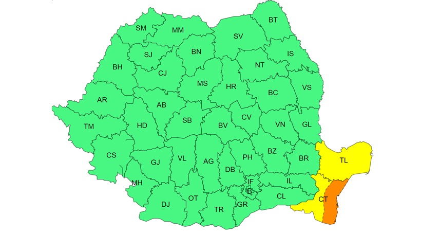 CONSTANȚA/TULCEA: Coduri GALBENE și PORTOCALII de averse torențiale
