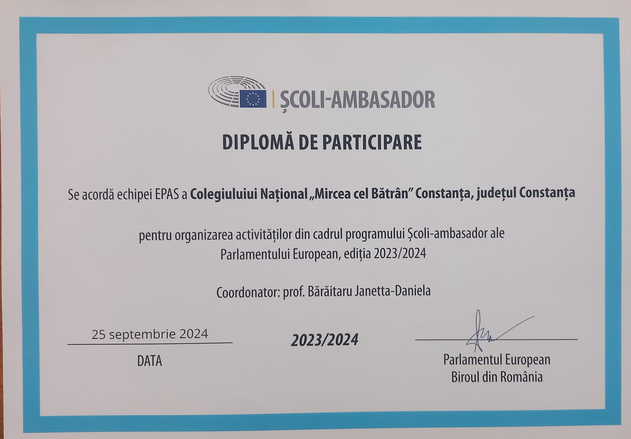 AUDIO | Colegiului Național „Mircea cel Bătrân” Constanța i-a fost decernat titlul de Școală -Ambasador a Parlamentului European