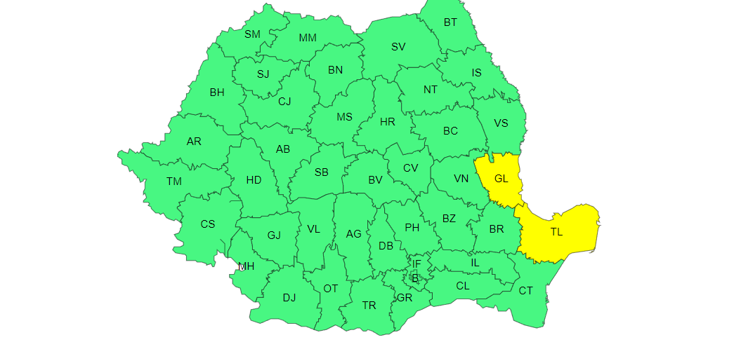 Județul TULCEA sub COD GALBEN de averse însemnate cantitativ