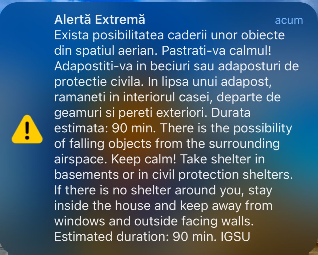 Mesaj RO-ALERT pentru populația din zona de Nord a județului Tulcea, în urma apariției unui grup de drone în spațiul aerian