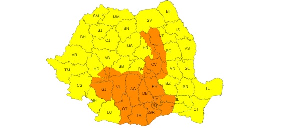 Toată țara va fi sub avertizări meteorologice Cod Galben și portocaliu de ploi torențiale și vânt