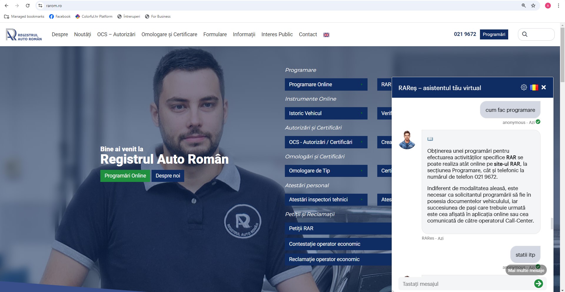 Asistentul virtual RAReș, disponibil pe site-ul Registrului Auto Român