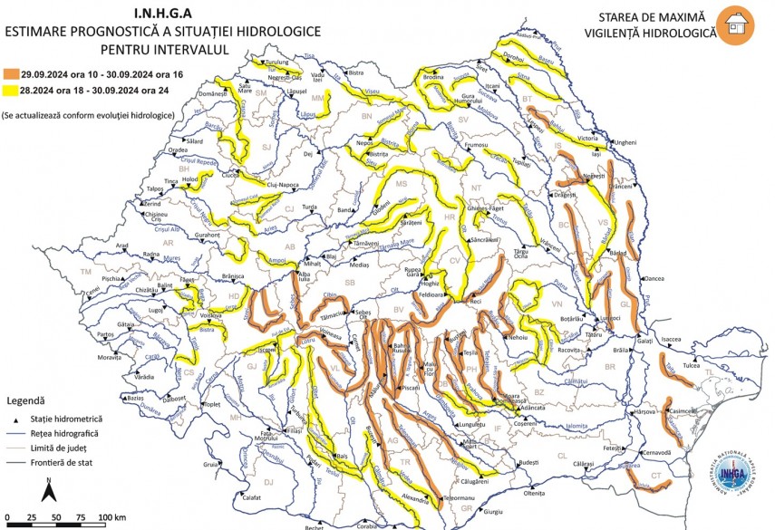 CONSTANȚA/TULCEA: Cod Portocaliu și Cod Galben de inundații pe râuri