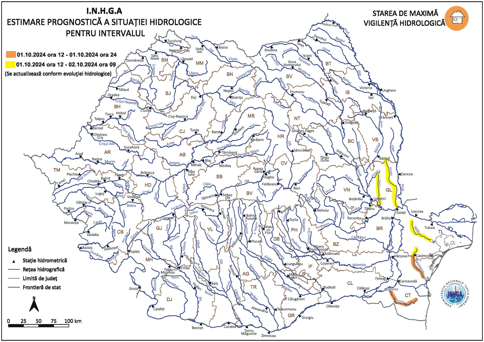 Cod portocaliu de inundaţii pentru râurile din judeţul Constanţa; Cod galben pentru Dobrogea şi Moldova