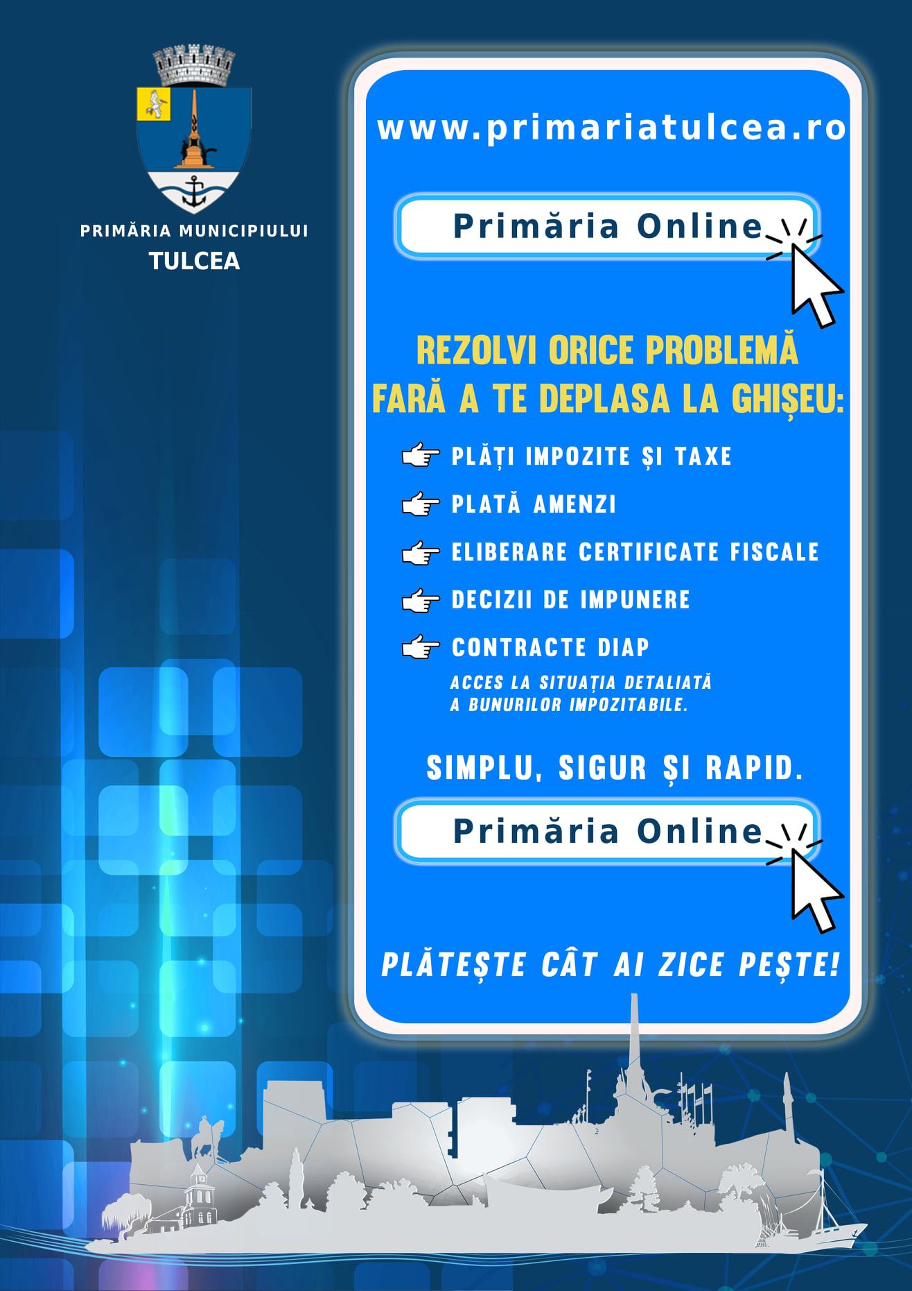 TULCEA: Taxele și impozitele locale se pot achita online pe platforma orașului