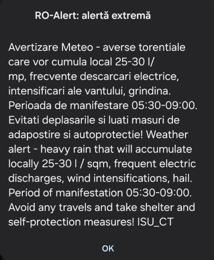 Județul CONSTANȚA este sub avertizare nowcasting COD PORTOCALIU de ploi. A fost emis mesaj RO-ALERT