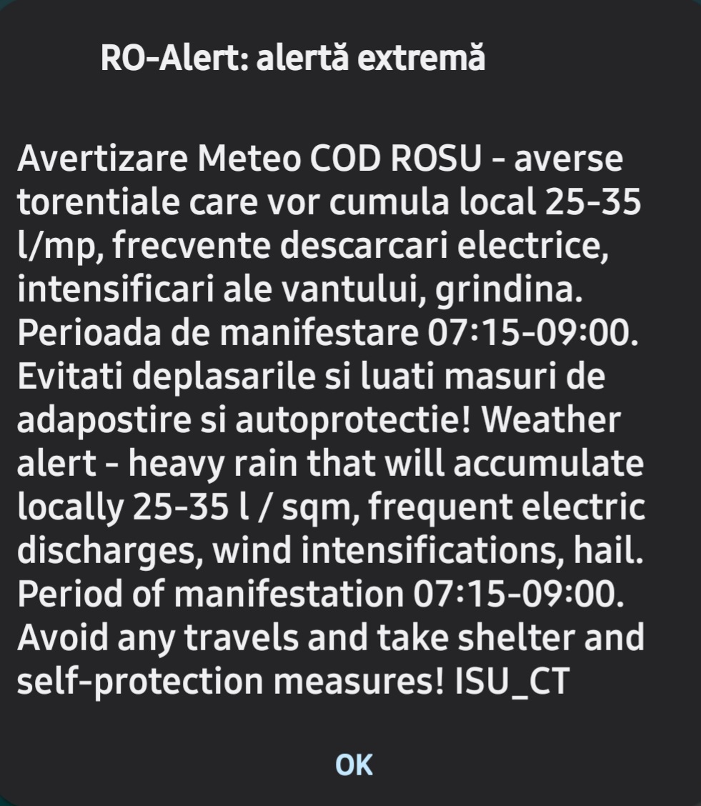 COD ROȘU de ploi pentru mai multe localități din județul CONSTANȚA. A fost emis un nou mesaj tip RO-ALERT