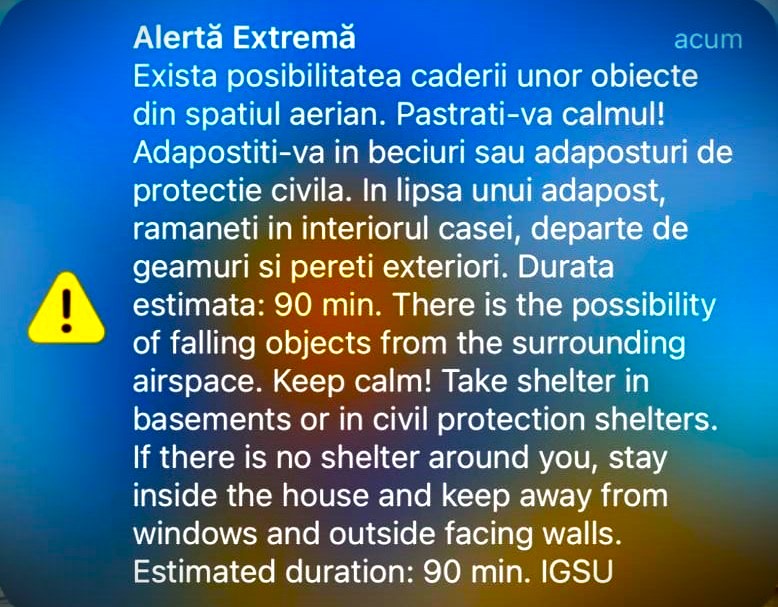 CONSTANȚA: Mesaj RO-ALERT privind posibilitatea căderii unor obiecte din spațiul aerian!