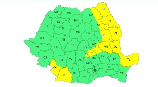 Avertizări COD GALBEN de vânt puternic în Dobrogea și ninsori viscolite la munte