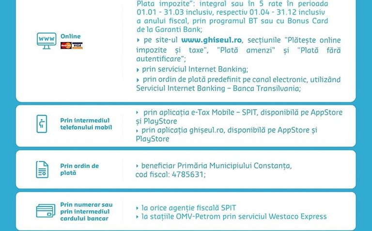 CONSTANȚA: Modalități de plată a taxelor datorate bugetului local