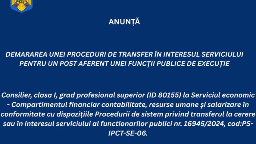 Instituția Prefectului – Județul Constanța: Procedură de transfer în interesul serviciului, pentru ocuparea unui post aferent unei funcţii publice de execuţie