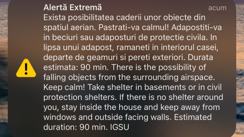 Mesaj RO-ALERT pentru zona de nord a județului TULCEA