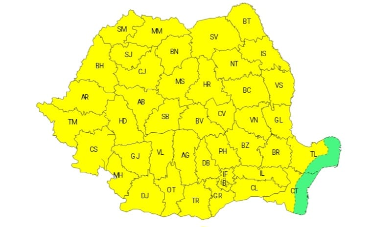 Aproape toată țara este sub atenționare meteorologică Cod galben de instabilitate atmosferică