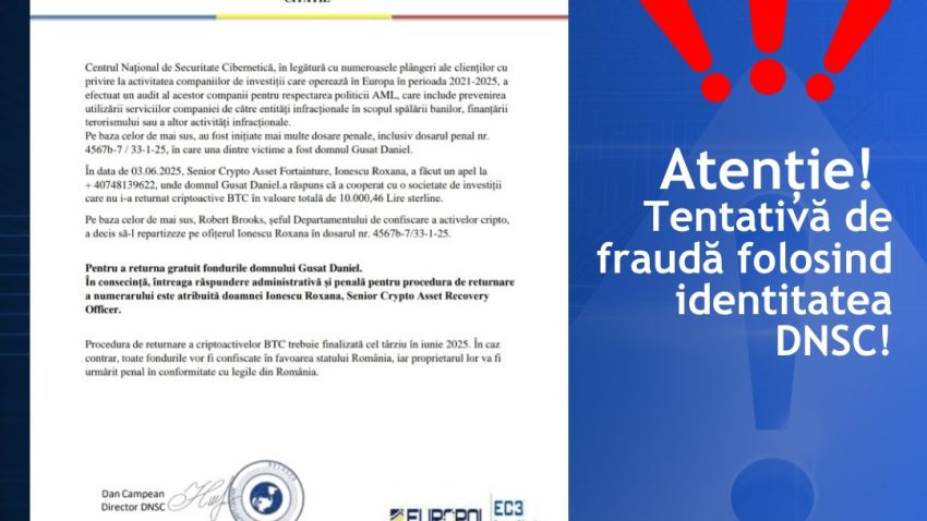 Tentativă de fraudă folosind identitatea DNSC