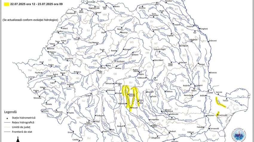 INHGA: Risc de viituri în județele Argeș, Dâmbovița și Tulcea
