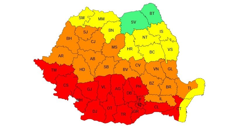 Cod roșu de caniculă în 15 județe și București, de sâmbătă dimineața, până duminică dimineața