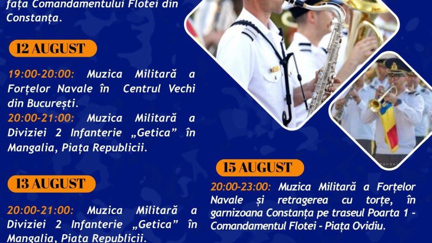 Programul concertelor susținute de formații de muzică militară, pe litoral și în București