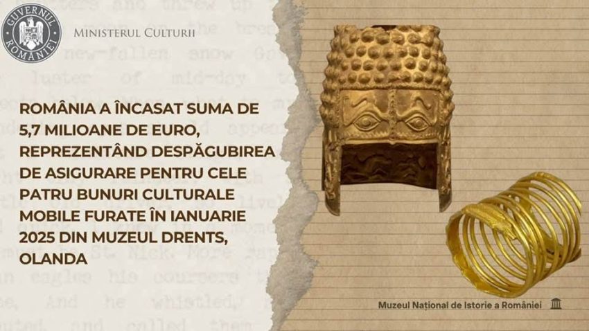 România a încasat 5,7 milioane de euro, reprezentând despăgubirea de asigurare pentru cele patru bunuri culturale furate din Muzeul Drents
