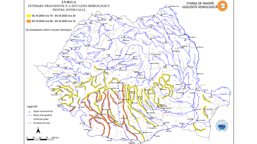 INHGA: Avertizări Cod galben şi Cod portocaliu de viituri, pe râuri din 25 de judeţe, de joi după-amiaza