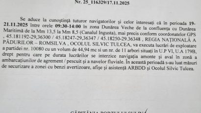TULCEA: Restricții de navigație pe Dunărea Maritimă!