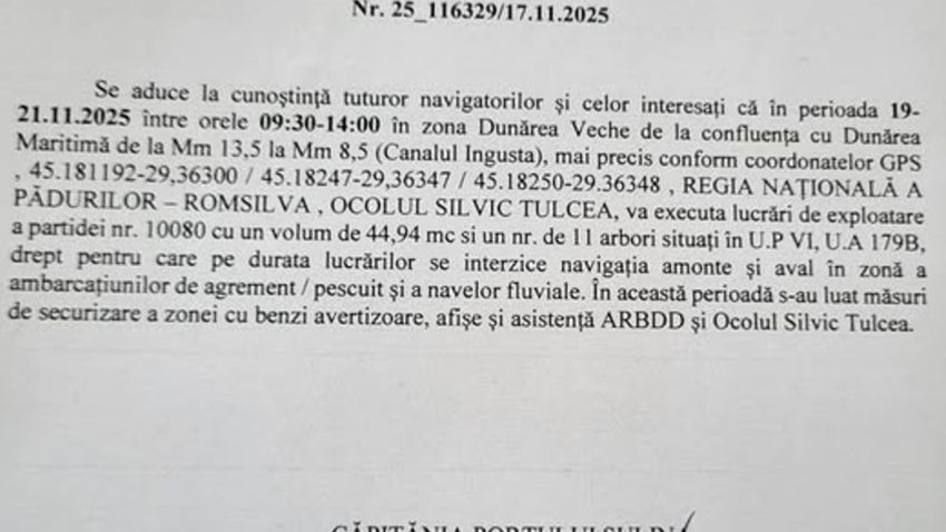 TULCEA: Restricții de navigație pe Dunărea Maritimă!