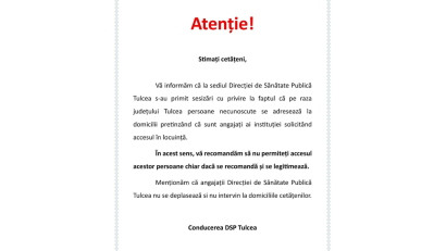 TULCEA: Atenție! FALȘI angajați ai DSP se prezintă la domiciliul cetățenilor și solicită acces în locuințe!