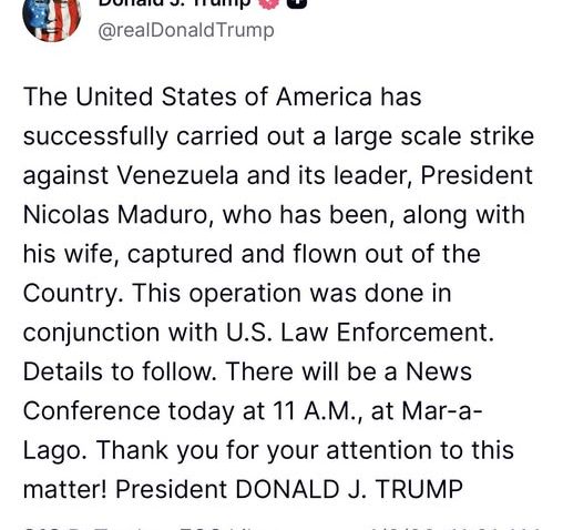 TRUMP: Președintele Venezuelei și soția sa, capturați și scoși din țară pe calea aerului