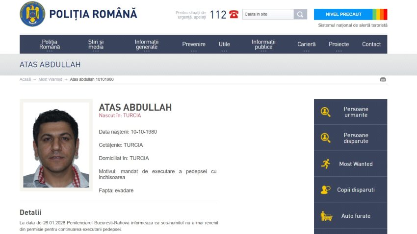 DGPMB: Cetățean turc condamnat pentru omor, căutat după ce nu a mai revenit în penitenciar