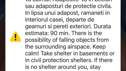 Un mesaj RO-ALERT a fost emis pentru județul Tulcea. Oamenii sunt avertizați de posibilitatea căderii unor obiecte din spațiul aerian