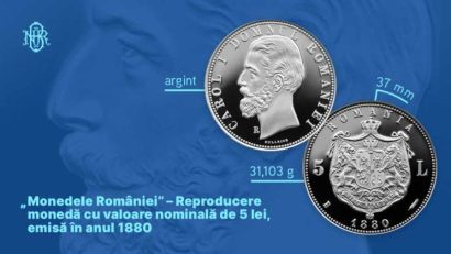 BNR lansează o reproducere din argint după moneda de 5 lei emisă în anul 1880