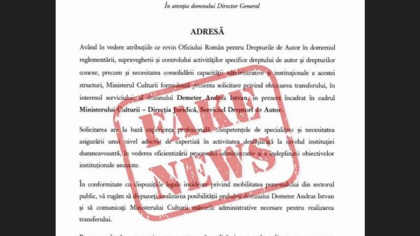 Ministerul Culturii atrage atenția asupra unui Fake News!
