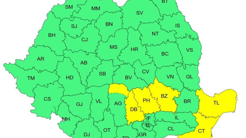 Județele CONSTANȚA și TULCEA sub cod GALBEN de averse torențiale, grindină și vijelii