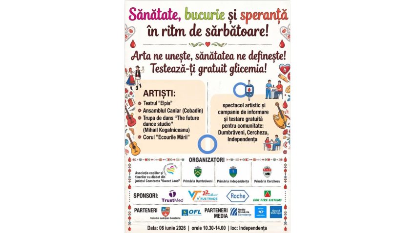 Județul CONSTANȚA: Un eveniment dedicat informării și conștientizării diabetului zaharat de tip 1 la copii va fi organizat în satul Independența