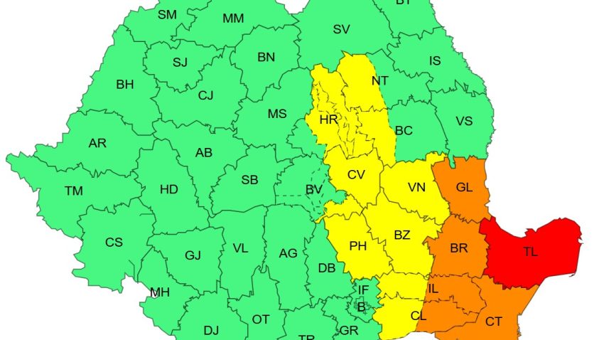 Avertizare meteo! Județul CONSTANȚA sub cod PORTOCALIU, TULCEA – cod ROȘU!