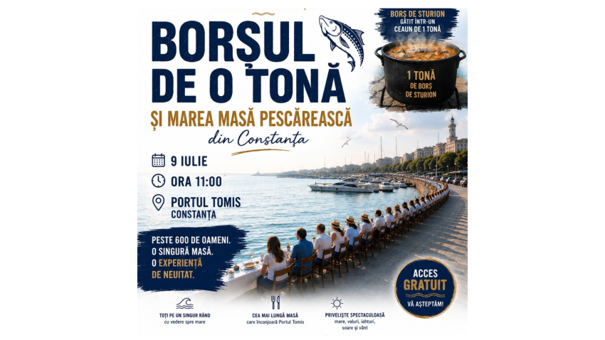 CONSTANȚA: Sute de turiști și constănțeni, invitaţi la cea mai lungă masă amplasată în Portul Tomis, la un borş pescăresc