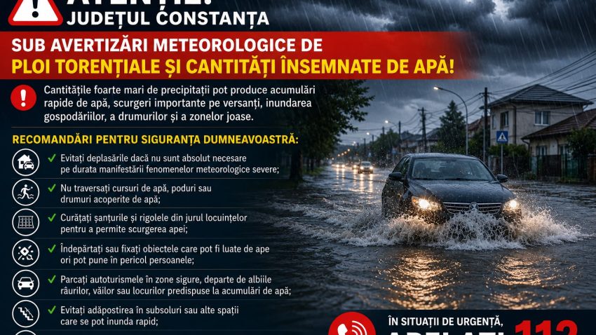 Județul Constanța, sub avertizări meteorologice de ploi torențiale și cantități însemnate de apă. Recomandări de la autorități