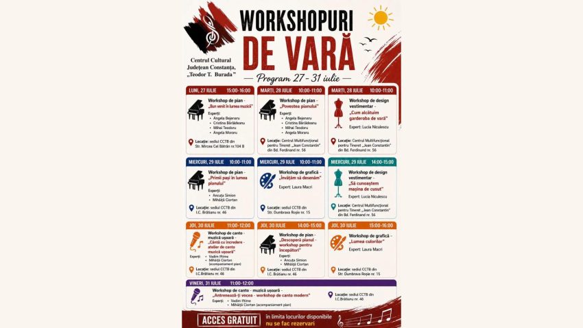 AUDIO | Centrul Cultural Județean “Theodor T. Burada” Constanța organizează workshopuri gratuite