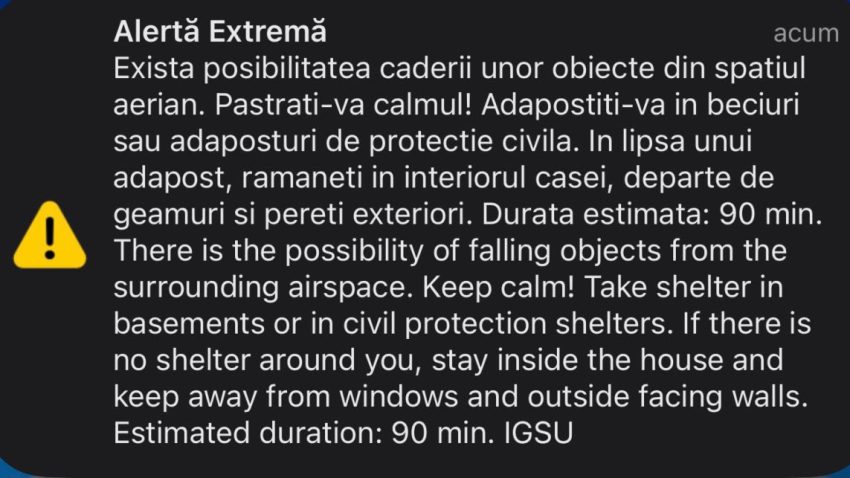 Mesaj RO-ALERT pentru locuitorii din zona de Nord-Est a județului Tulcea