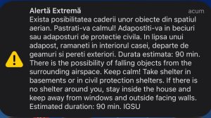 Nou mesaj RO-ALERT pentru zona de Nord-Est a județului Tulcea. Populația a fost informată de posibilitatea căderii unor obiecte din spațiul aerian