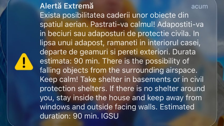Mesaj RO-ALERT pentru locuitorii din zona de Nord-Est a județului Tulcea